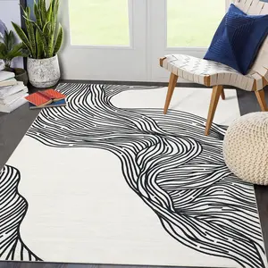 Garvee 5x7 Rug Washable Rugs for Living Room Modern Geometric Area Rug for Bedroom Curve Striped Office Rug Low Pile Neutral Soft Nursery Rug Non Slip Farmhouse Floor Cover Black and White