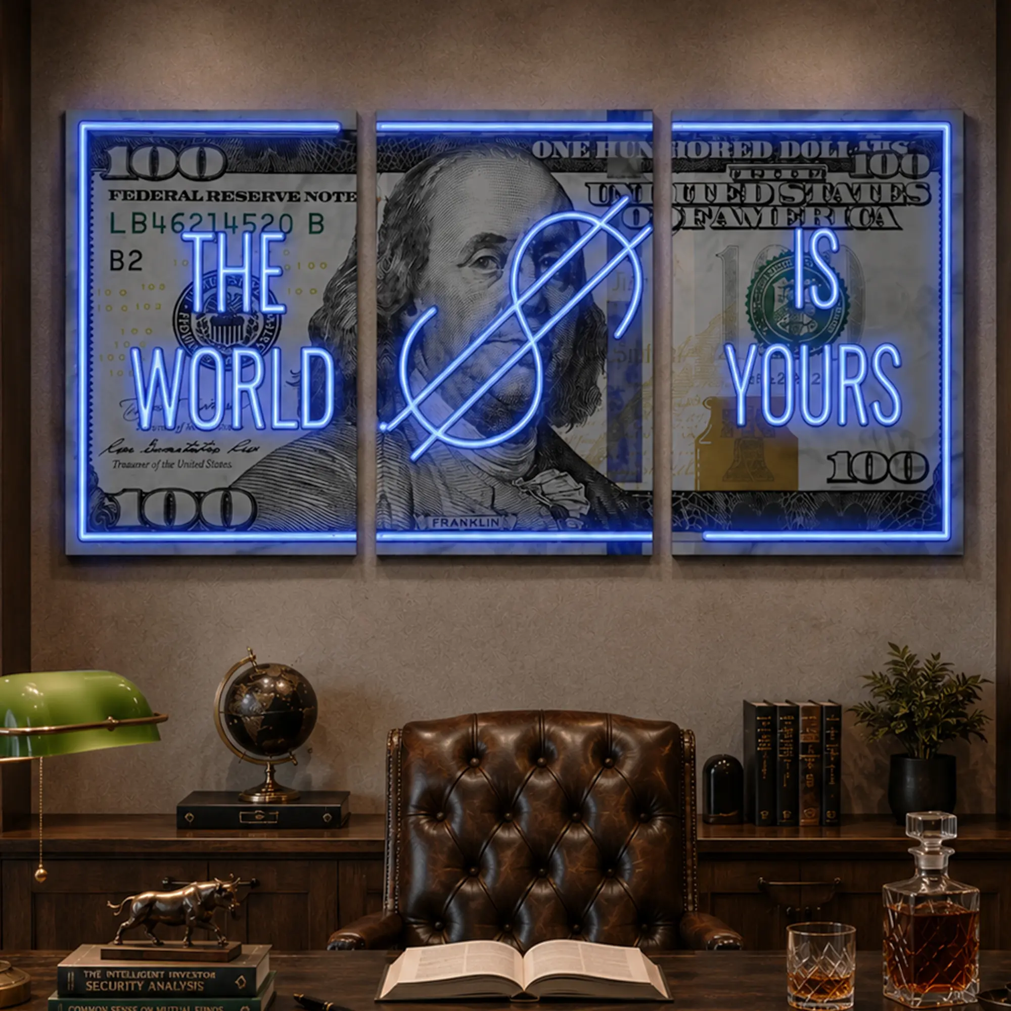 3Pcs Modern $100 Bill Wall Art, "The World Is Yours" Quote Canvas Posters, Ready To Hang, Inspirational Artwork Wall Painting For Gift, Wall Decor for Bedroom, Living Room, Office, Home And Dormitory Decoration