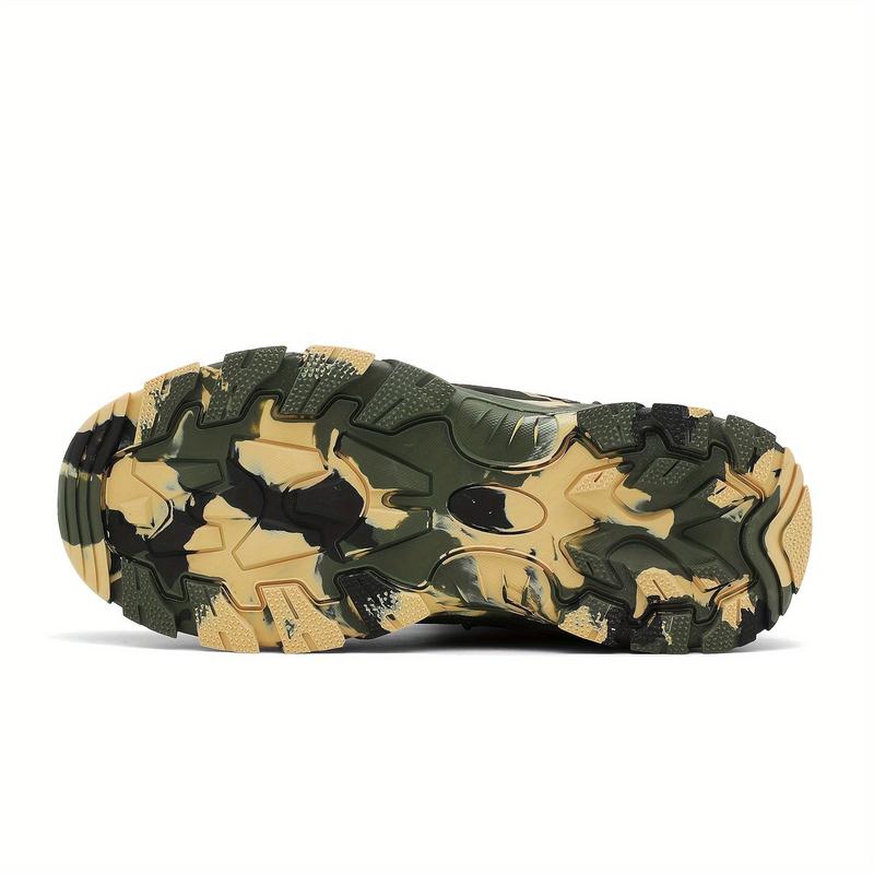 Men's high top camouflage hiking boots, outdoor climbing work boots with zipper closure, nylon fabric, rubber sole, non-slip EVA insole, striped pattern, all year outdoor shoe style