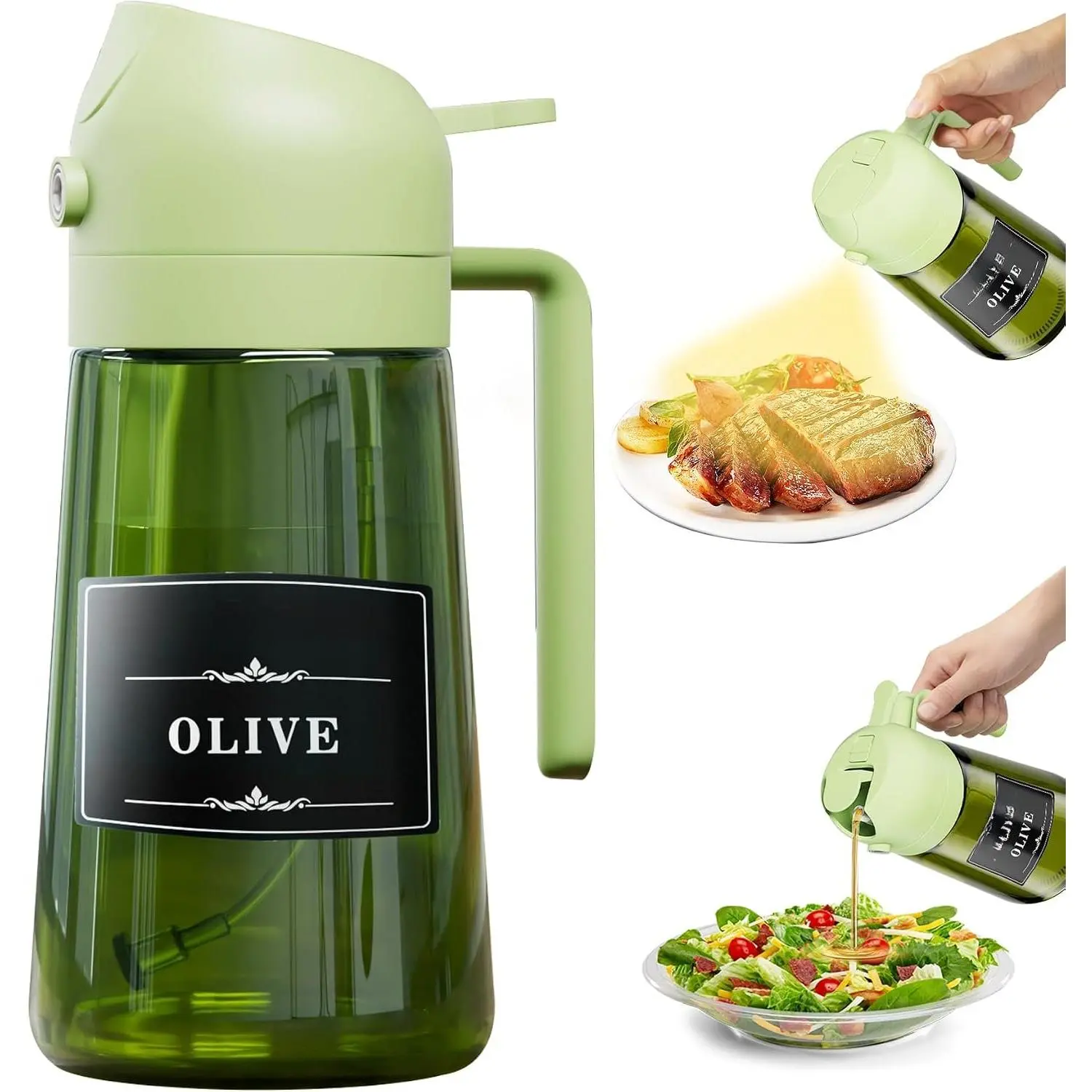 2 in 1 Olive Oil Sprayer for Cooking, 16oz/470ml Olive Oil Dispenser Bottle for Kitchen, Light-Blocking Dark Glass Oil Bottle, -Grade Oil Mister with 8 Oil Stickers (Green Bottle-Cap)