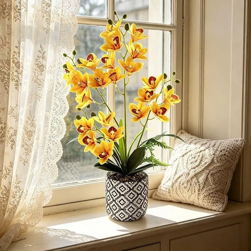 1 set of highly realistic 22-petal orchid pot plants. Black and white geometric cement pot with butterfly orchid. Luxury interior decoration flower arrangement for the entrance hall or study desk. Long-lasting and enduring artificial fake flower decorativ