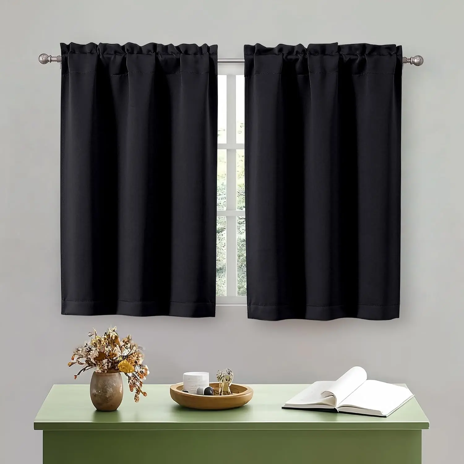 Black Kitchen Curtains 36 Inch Length - Short Blackout Thermal Insulated Cafe Curtains Tier Over Sink Rod Pocket Half Window for Bathroom Bedroom Camper RV Bunk, 2 Panels, Each 30" W x 36 LGift