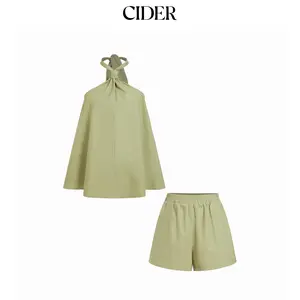 Cider Linen-blend Halter Neck Twist Knotted Oversized Top & Mid Rise Shorts Set