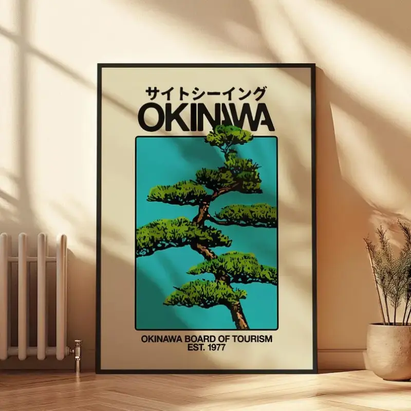 Vintage-Inspired Okinawa Retro Unframed Painting - Fade-Resistant, Multi-Size, Japanese Cape Hedo Skyline Print Design, Classic Graphic Prints, Lightweight Above Bed Wall Decor, Golden Frame Option, Home Decor Gift for Home Supplies
