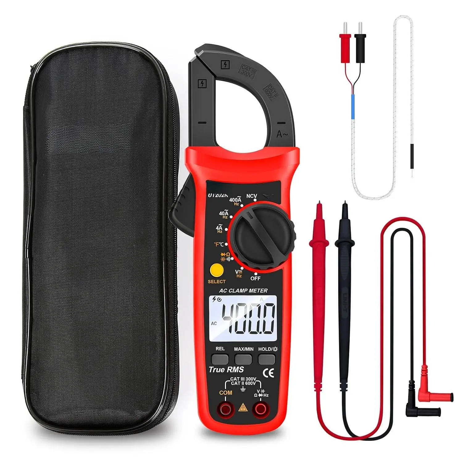 Digital Clamp Meter UT202R AC Current TRMS  Amp Ohm Meter HVAC Clamp  Multimeter, Auto Ranging 4000Counts Temperature AC DC  Frequency Resistance Capacitance Continuity Diode Tester