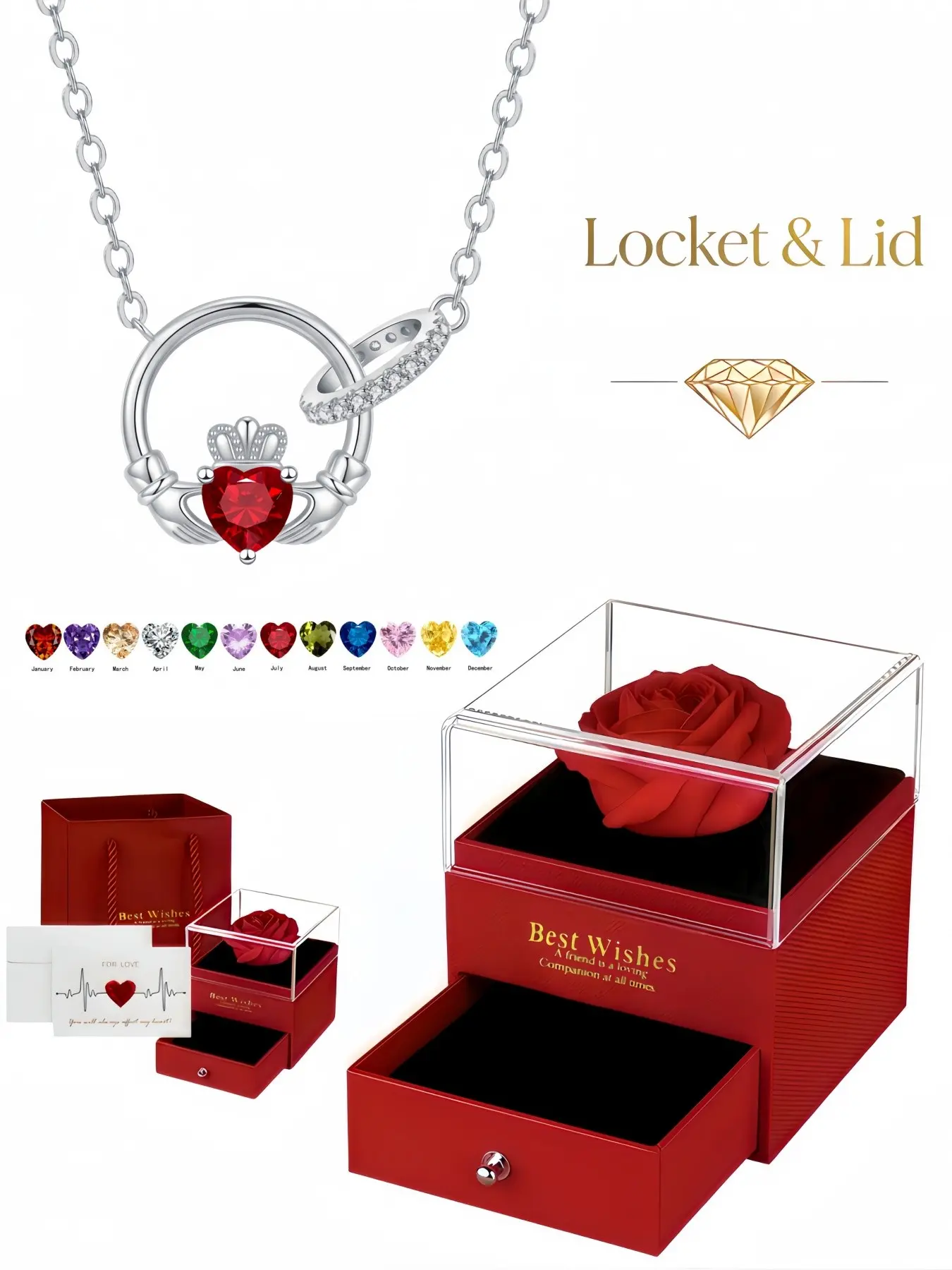 "Crown Claddagh Love Necklace" is a delicate double-loop birthstone zircon choker for women, packaged in a red preserved rose box, perfect gift for birthdays, Mother’s Day and Valentine’s Day.