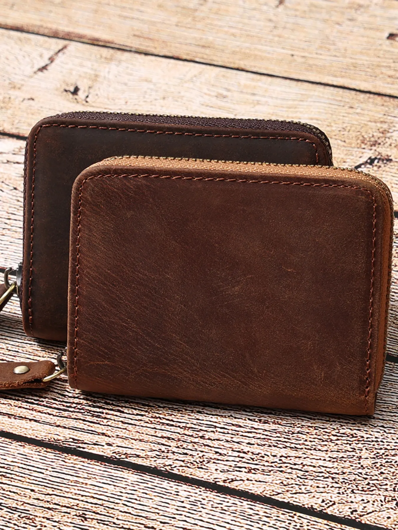 Compact Leather Zip Wallet, Dual-Fold Design, Ideal for Cash, Cards, Coins, Small Size, Convenient Storage Solution, Slim Leather Wallet