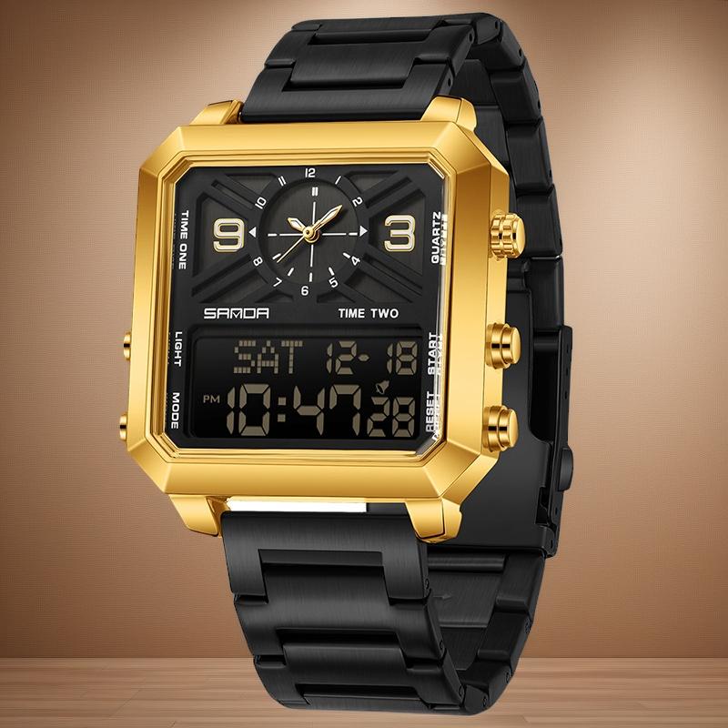 Men's square multifunctional dual screen watch with 3 time zones, stopwatch, alarm clock, countdown and other functions, 30MW waterproof and night light, multiple styles suitable for sports, business and daily wear