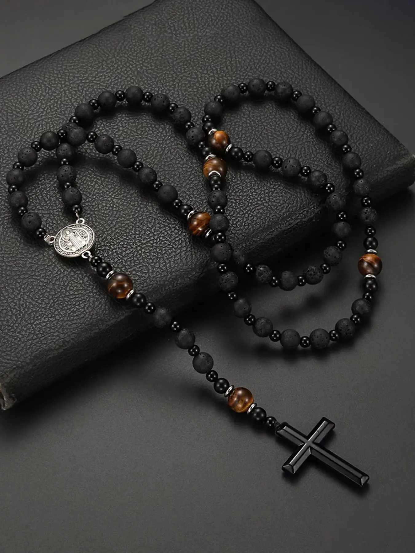 Men's Vintage Black Volcanic Rock and Natural Yellow Tiger's Eye Necklace (1 Piece) – Beaded Necklace with Hematite Cross Pendant, Cross Design Pendant; Suitable for Birthdays, Anniversaries, Valentine's Day; Beaded Necklace for Daily Wear