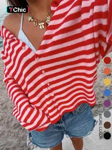 WOMEN'S LONG-SLEEVE V-NECK BUTTON CARDIGAN WITH A STYLISH AND ATTRACTIVE STRIPED DESIGN, SUITABLE FOR CASUAL WEAR OR OUTINGS