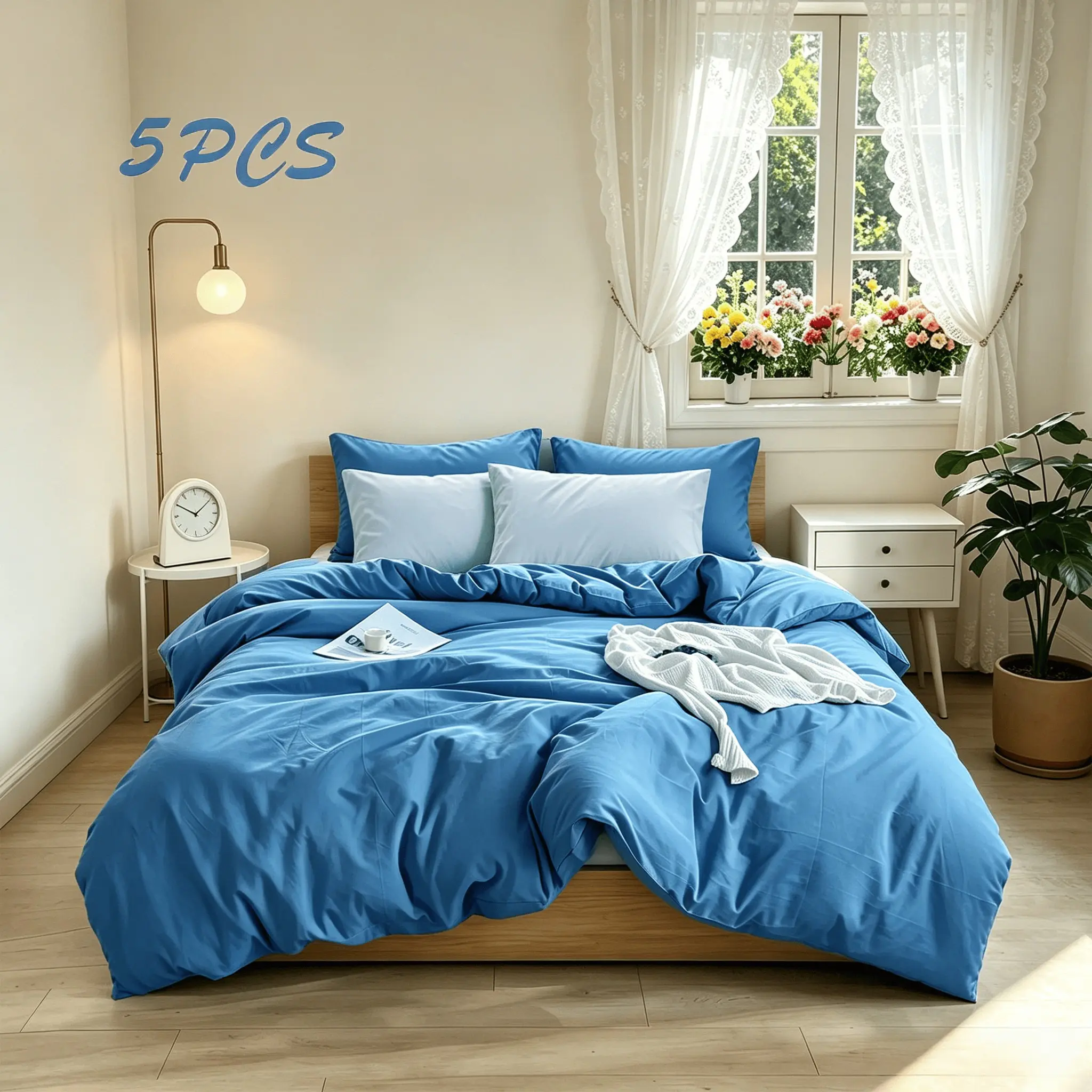 100% Ultra-Soft Washed Brushed Bedding Set, 5 Pieces | 1 Duvet Cover + 4 Pillowcases, No Inserts, Daisy Blue, Oversized Size, Soft & Lightweight, Ideal Gift, Comfy Bed Sets