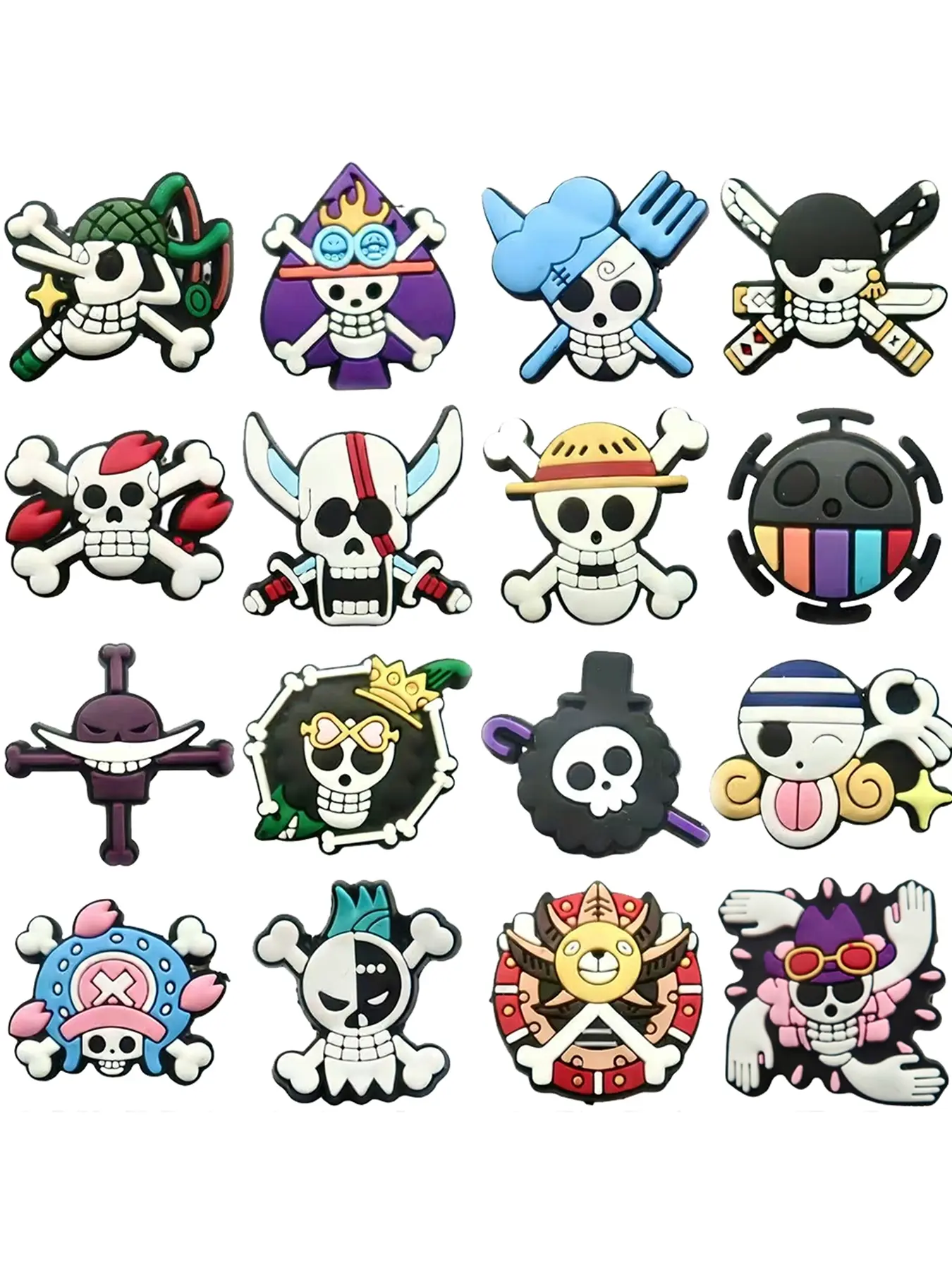 16pcs Cartoon Pirate Skull PVC Shoe Accessories, DIY Waterproof Detachable Sandals Strap Buckle, Kids Christmas Gift for Anime Fans，Containing One Piece Zoro Party Gifts Perfect for Anime Fans