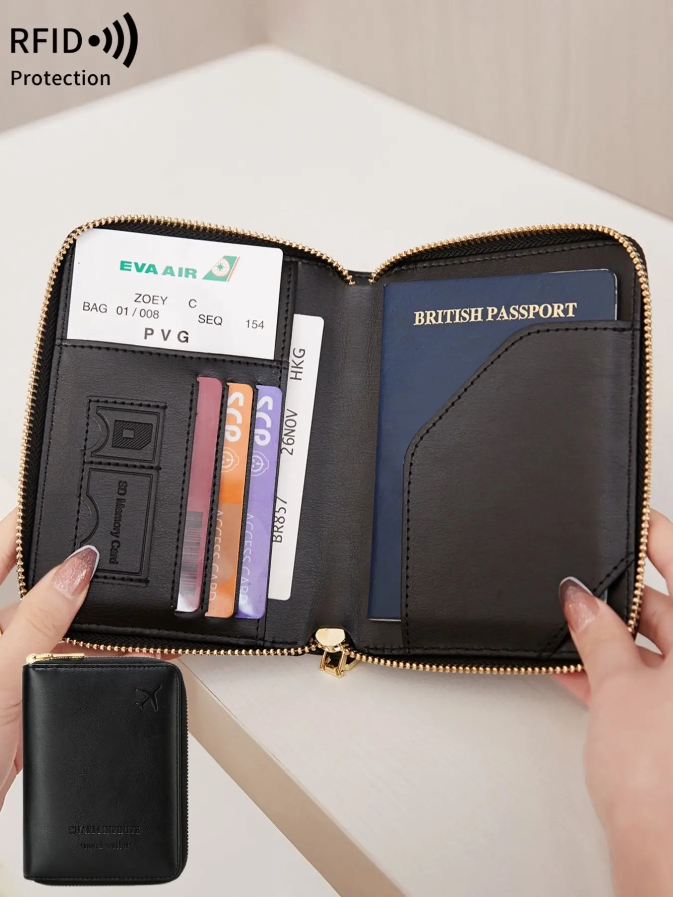 High Quality RFID Blocking Passport Wallet, Multi-Functional Ticket Holder With Airplane Badge Print, Multiple Card Slots & Secure Zipper Closure, Lightweight Unisex Travel Essential For Trips