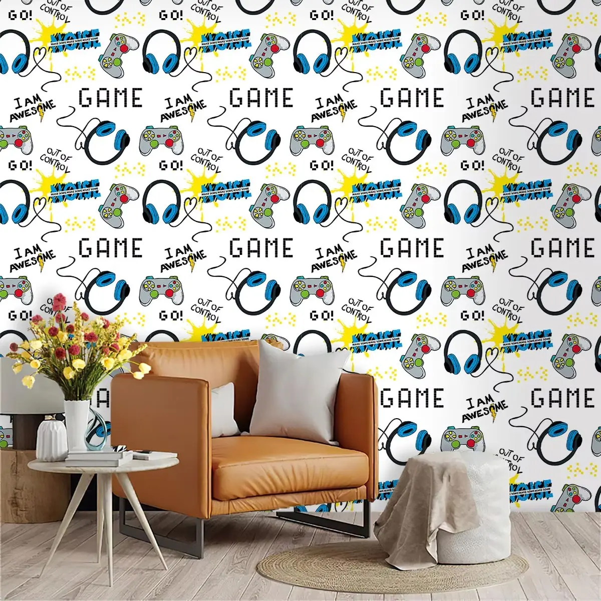 Peel and Stick Wallpaper, Gamer Style Wall Mural, Accent Wall Peel and Stick, Interior Walls, Boys Room Bedroom Playroom Decor, Retro Gaming Aesthetic, Easy Application