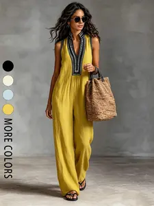 1 women's retro vintage casual stand up collar sleeveless jumpsuit wide leg pants, black border contrasting stand up collar zipper style, suitable for summer, shopping commuting, suburban vacation, coffee shop gatherings, Casual fashion jumpsuit