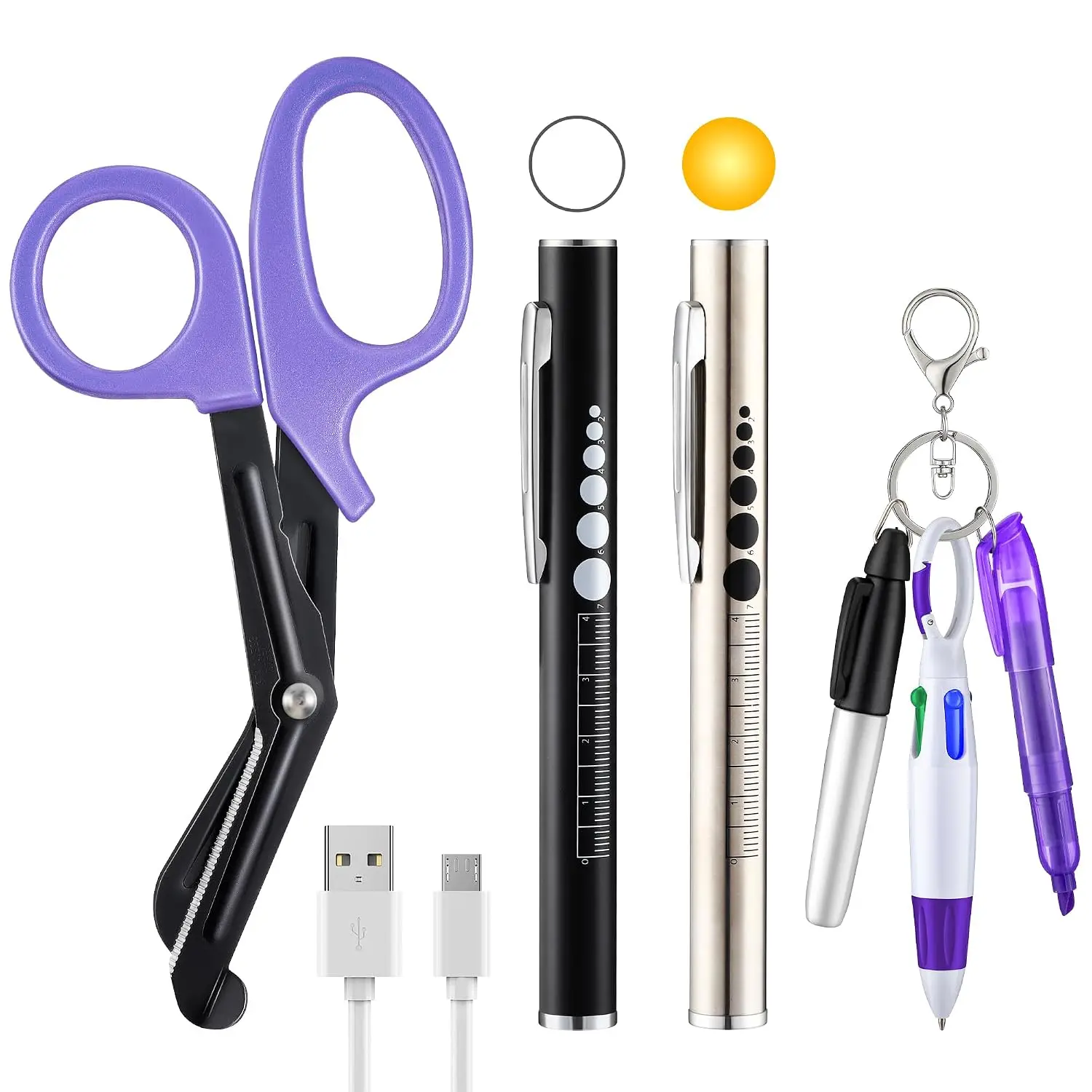 Enhon 6 Pack Nurse Tools Set for Nurse, Student, Doctor, First Aid, Purple | 2 Rechargeable Pen Light with Two LED Sources and Pupil Gauge, One 6" Medical Scissors and 3 Mini Highlighter Pen