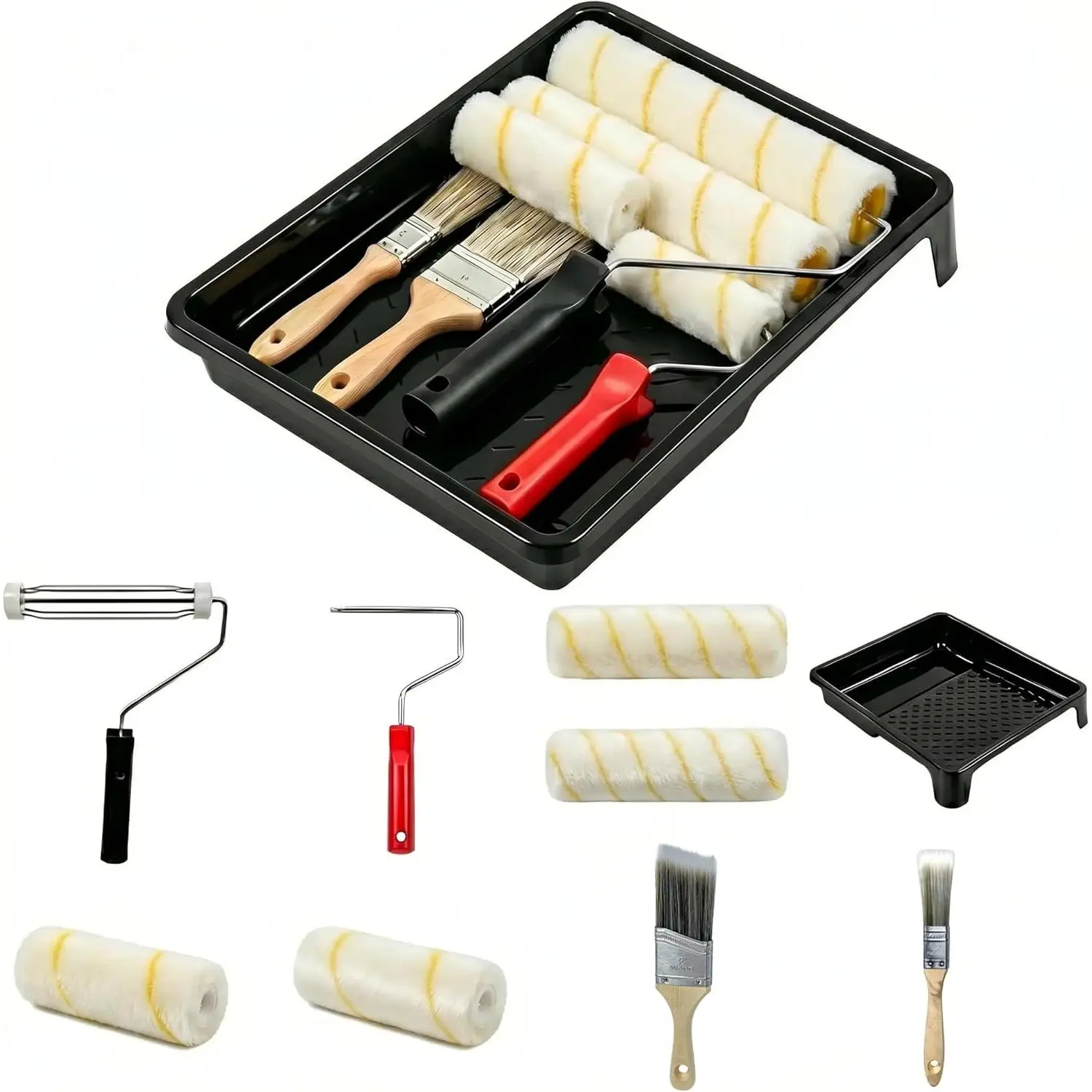 Paint Roller Kit 9 Piece, Paint Rollers, Brushes & Paint Tray, House Painting Supplies, High Absorbency, Washable, Reusable & Easy to Clean