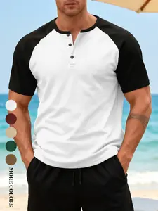 Men's Summer Everyday Wear Beach Vacation Henley Collar Short-Sleeve T-Shirt, Pineapple Check, Color Block, Short-Sleeve, Home, Outdoor, City, Slim Fit, Trendy, Street Style, Casual, Youthful, Simple, Campus, Retro, Versatile, High-Quality, Stylish, Indiv