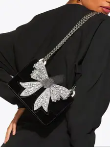 Butterfly Knot Bag Elegant Party Fashion Women's Shoulder Crossbody Purses Chain Bag Sparkling Sweet Rhinestone Butterfly Water Drill Bag