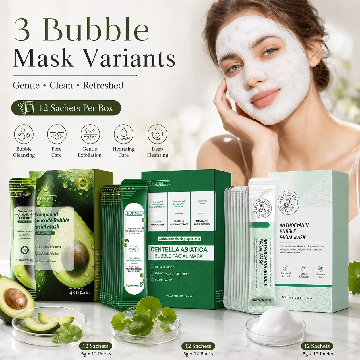 Three-Pack Bubble Mask Skincare Set, Contains Centella and Avocado, Anthocyanins, Deep Cleansing, Pore Refining, Hydrating, Non-Irritating, Travel Size, Suitable for All Skin Types
