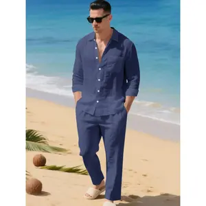 Men's High-Quality Linen Long-Sleeve Trouser Set - Plain Menswear for Beach Vacation, Breathable Comfortable Solid Color, Sizes S-3XL (Sports & Outdoor Clothing)