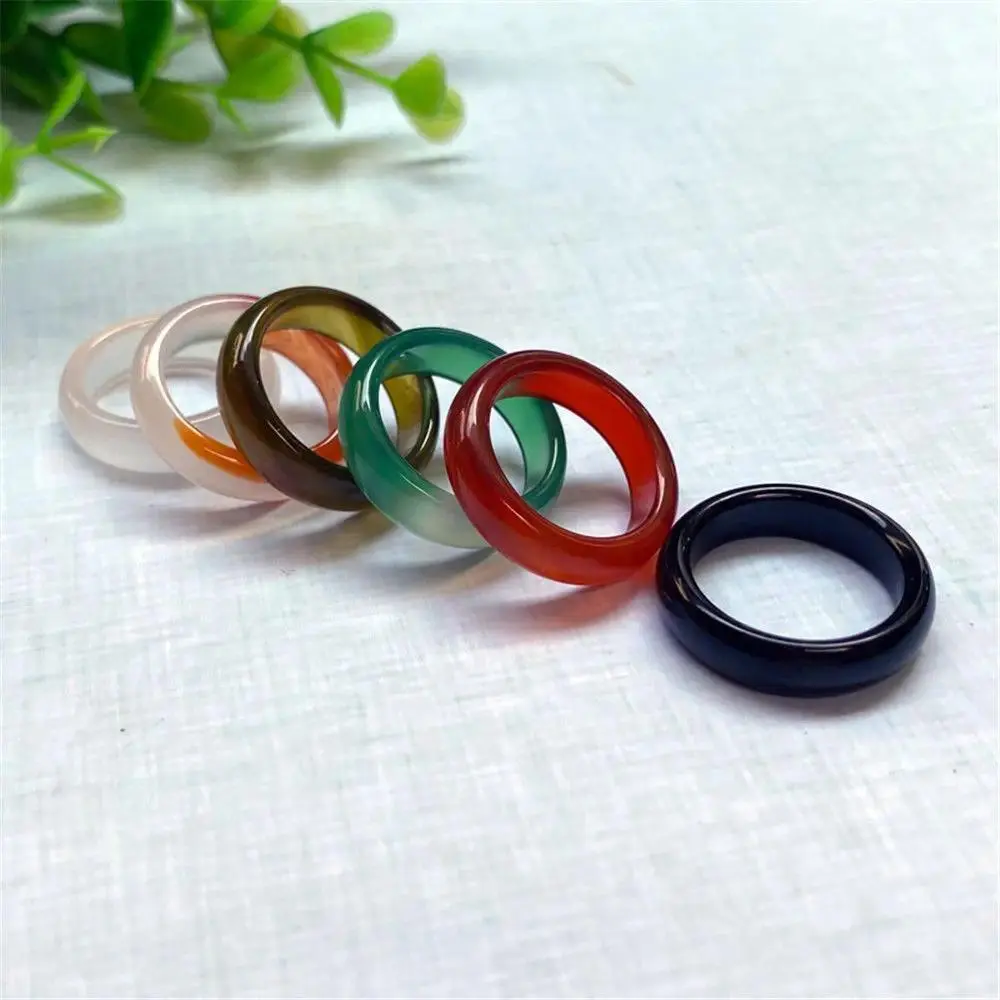Unisex 1-Size Natural Agate Solid Round Stone Ring - High-Quality Black, Green, Red Crystal Wedding Band, Exquisite Natural Crystal Jewelry Gift
