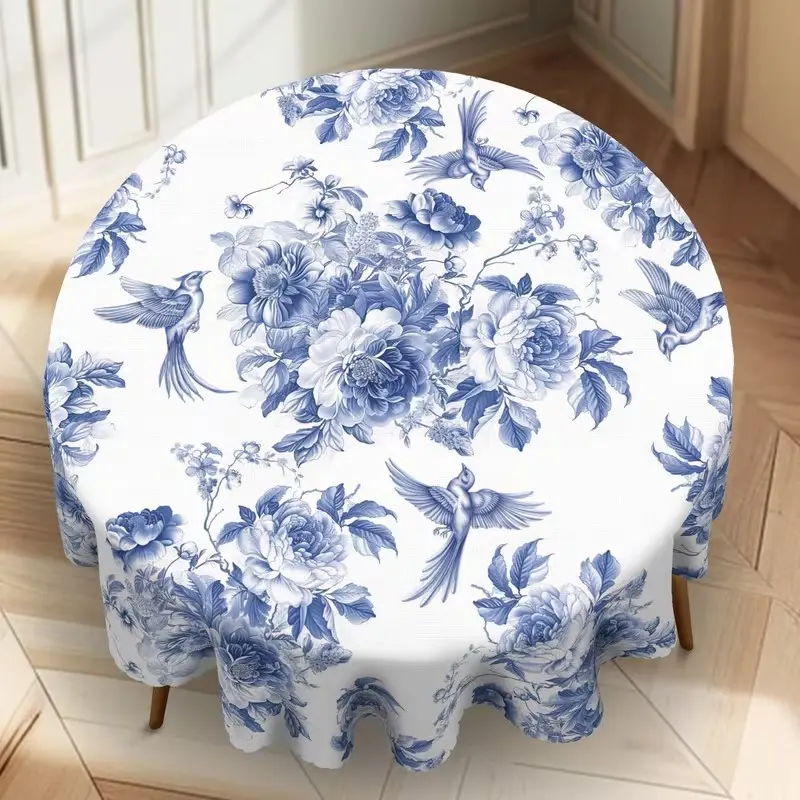 Elegant Floral Bird Pattern Round Tablecloth, French Country Style Blue Polyester, Decorative Kitchen Dining Party Holiday Use