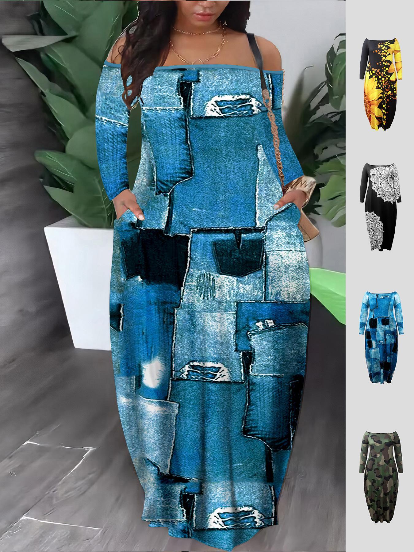 【Plus Size】 Casual Boho Elegant All Over Print Pocket Off Shoulder Dress Long Sleeve Long Dress for Spring & Fall, Women's Clothes for Daily Wear