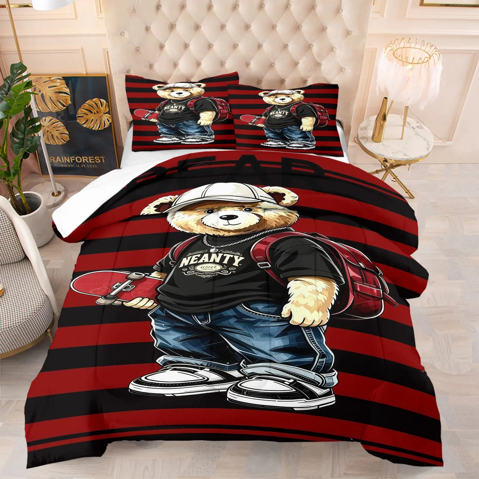 Handsome teddy bear printed pattern bedding set, including 1 blanket and 1 or 2 pillowcases without pillowcases, soft children's and adult bedroom decoration gifts, Bed Cover Set, Bed Sets