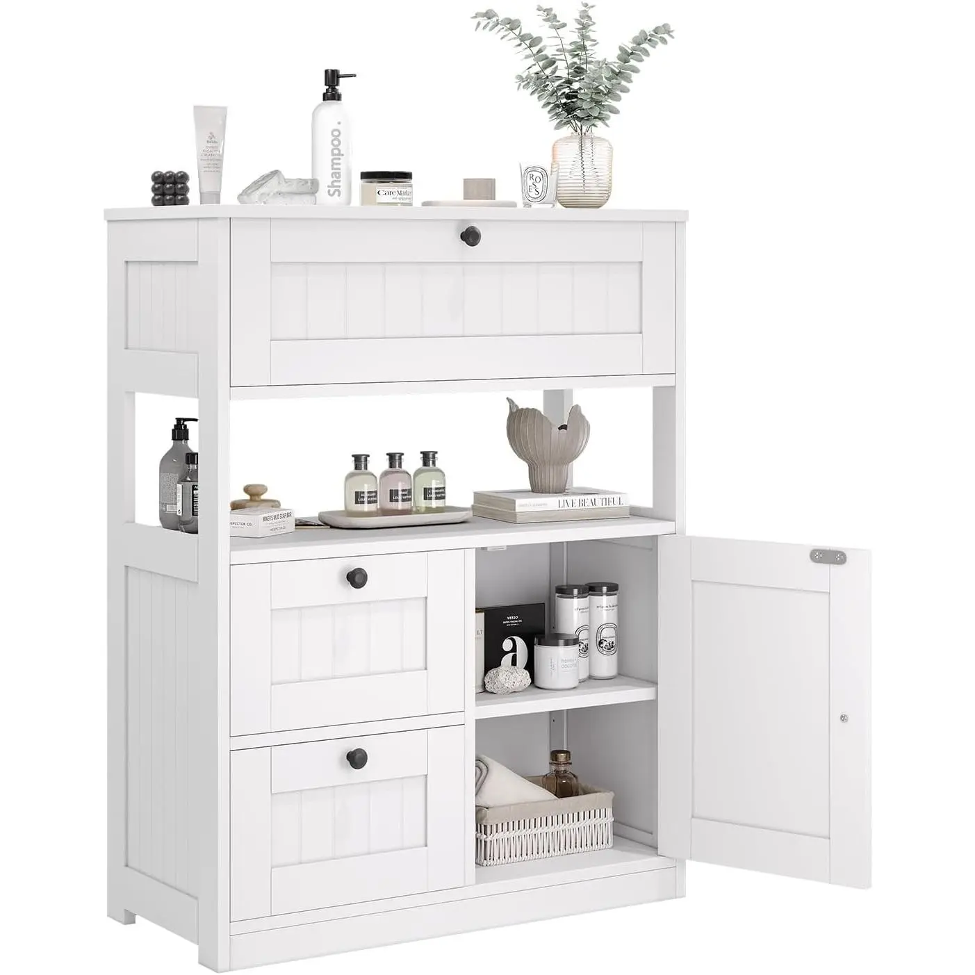 Freestanding Modern Bathroom Floor Cabinet, 1-Door Multi-Drawer Storage Space Organizer with 3 Drawers for Kitchen, Living Room Use
