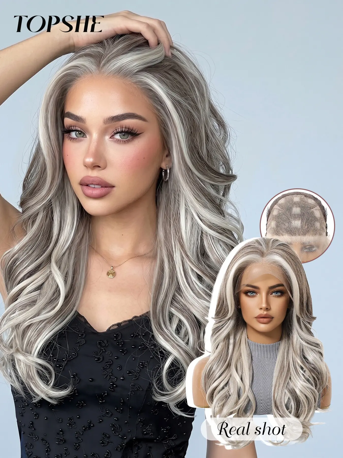 Topshe Invisible Lace Front Wig, Gradient Wave, Curly Medium Length, Adjustable Parting, Natural Look, All Seasons, Curly Wave Wigs, Loose Curly Wig