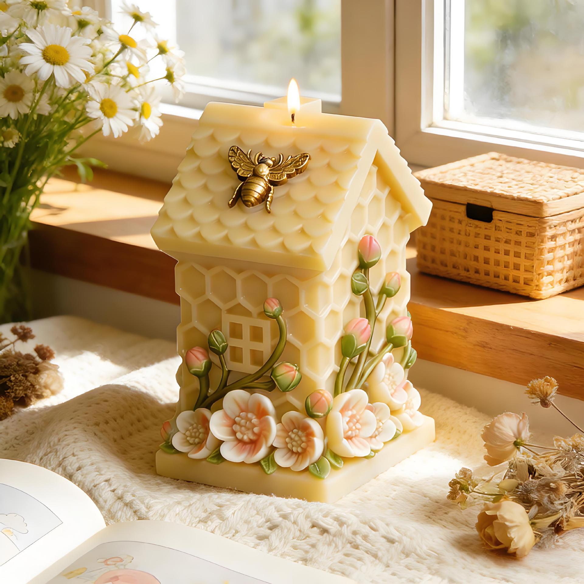 Honeycomb Small House Embossed Flower Candle Mold DIY Honeycomb Hut Shape Multifunctional Aromatherapy Plaster Epoxy Soap Mold Easy To Release Creative Handmade Ornaments