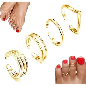 14K Gold & 925 Sterling Silver Plated Toe Rings Set for Women, Minimalist Simple Open Adjustable Band Toe Rings, Dainty Summer Beach Foot Jewelry Fashion Accessories