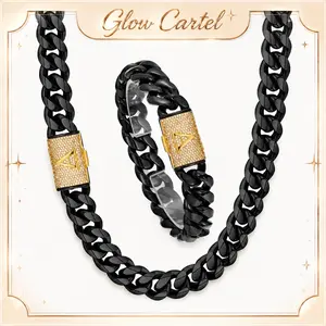 Heavy 14MM Black Cuban Link  Necklace and Bracelet Matching Set, Stainless Steel Custom A-Z Initial Iced Clasp, Zirconia Hip Hop Jewelry for Men Women - Men's Accessories, Beach Essentials,  for Men, Tarnish   Festive Instant Smile  Luxury  Layered Cross
