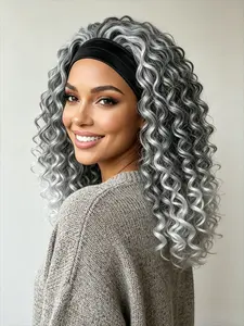 14 Inch Ash Silver Spring Kinky Curly Integrated Headband Wig, Black Women Wigs, for Black Girls, All-Machine Synthetic Lace-Free Glueless Half Hairpiece, Elastic Soft Fabric Head Wrap Included, No Glue Needed, Ideal for Daily Work, Casual Street