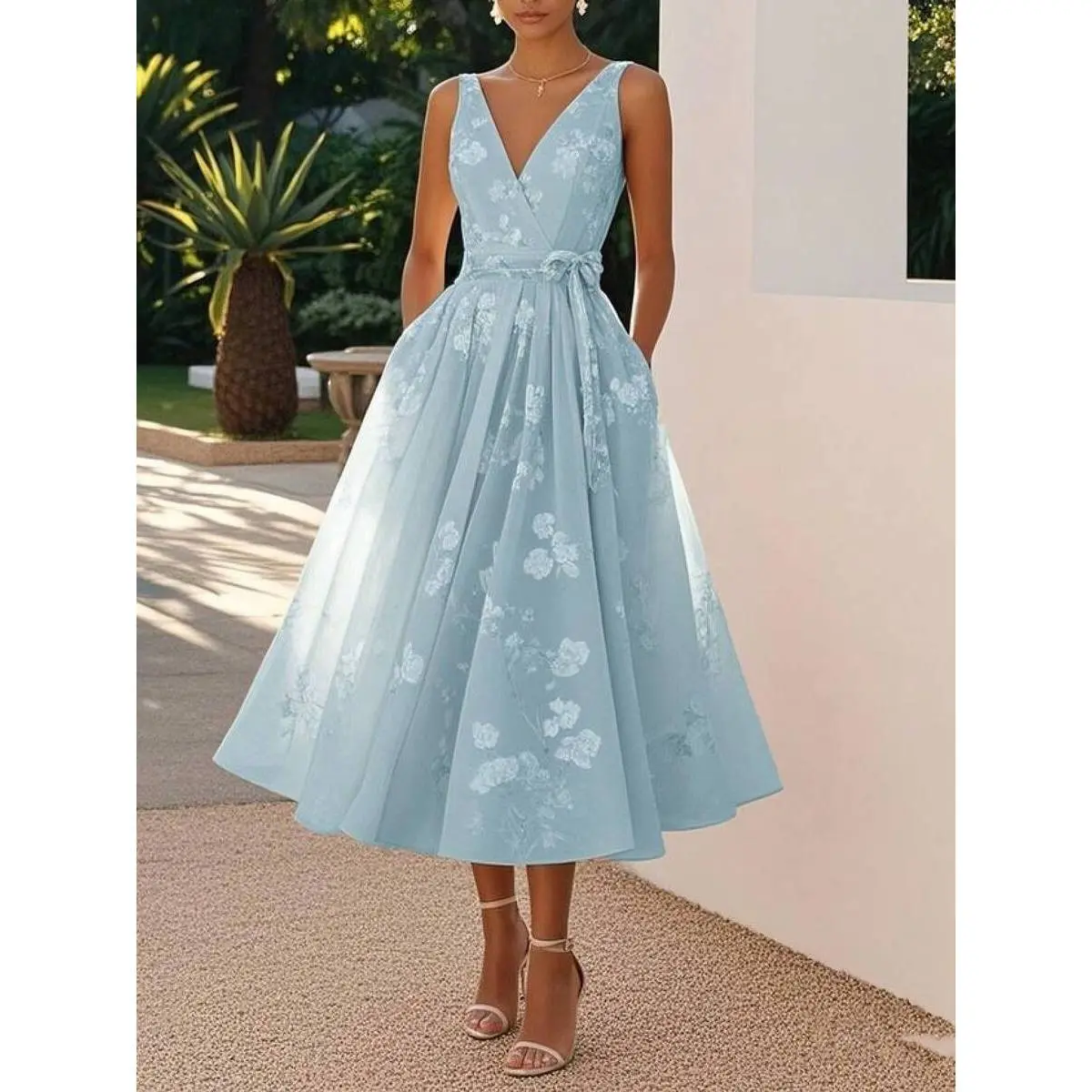Women's Elegant Blush Pink Polyester Floral Lace Midi Dress - V-Neck, Sleeveless, A-Line, Breathable Fabric, Belted Fit, Formal Wedding Guest Dress