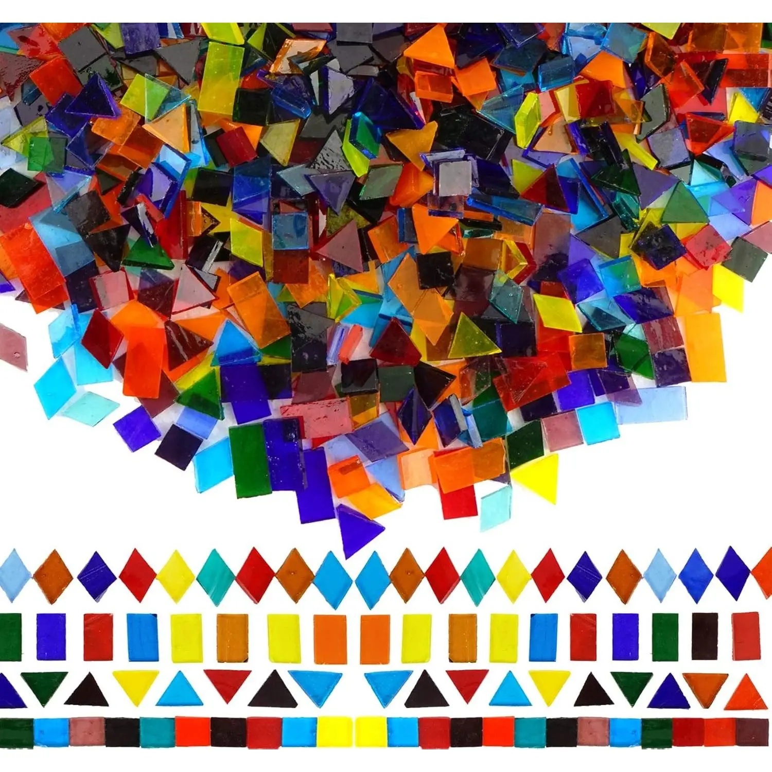 1600 Transparent Cathedral Glass Mosaic Tiles for Arts and Crafts - Mixed Color Stained Glass Pieces, 4 Shapes Mixed