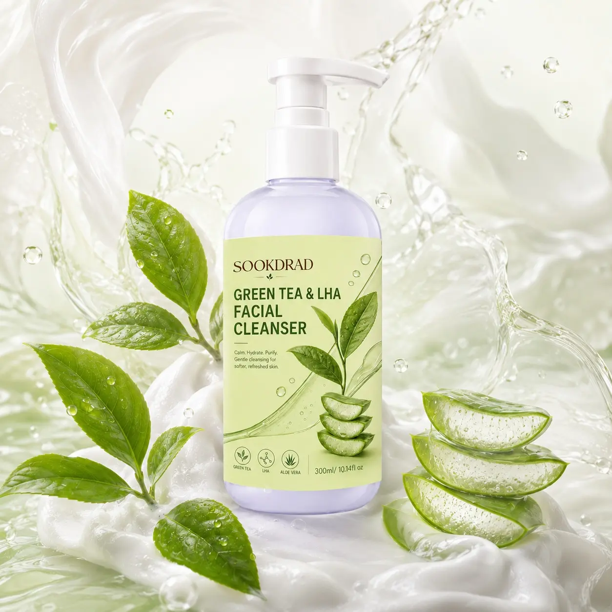 Green Tea & LHA Facial Cleanser, Green Tea, LHA, Aloe Vera, Calm, Hydrate, Purify, Gentle Cleansing, For Face, All Skin Types, 300ml/10.14fl oz