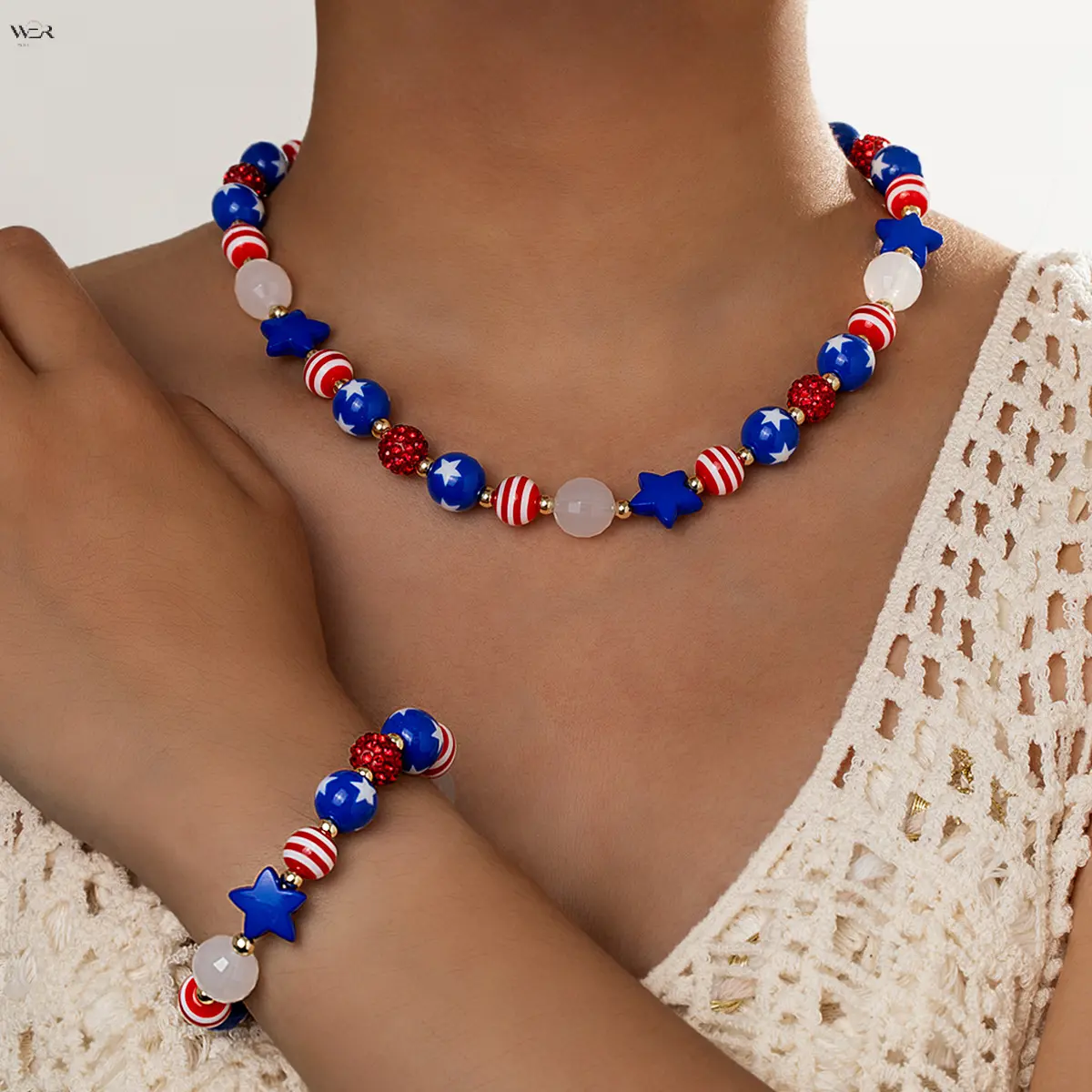 Women's Patriotic Beaded Jewelry Set - 4th of July Independence Day Red-White-Blue Star-Stripe Rhinestone Ball, Adjustable Chain, Mixed Beads, Stretch Fit Wristband & Necklace, Patriotic Look Holiday Gift, Women/Girls, Casual Festival Outfits, Memorial Da