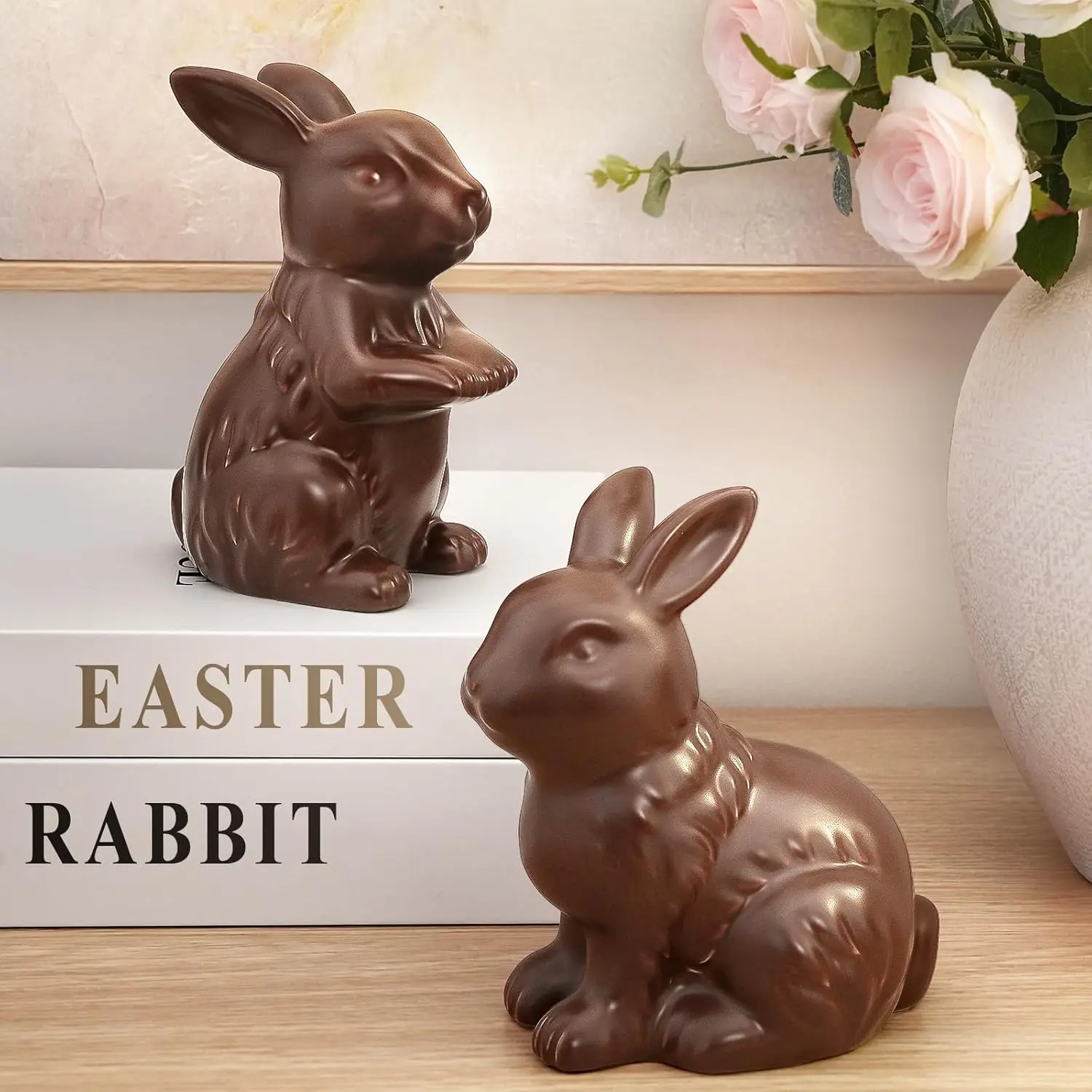 2-Piece Glossy Smooth Chocolate Ceramic Rabbit Figurine Set - Modern Easter Home Decor, Elegant Indoor Table Centerpiece Mantel Ornaments, Ideal Easter Gift for Living Room, Set Of 1 Brown