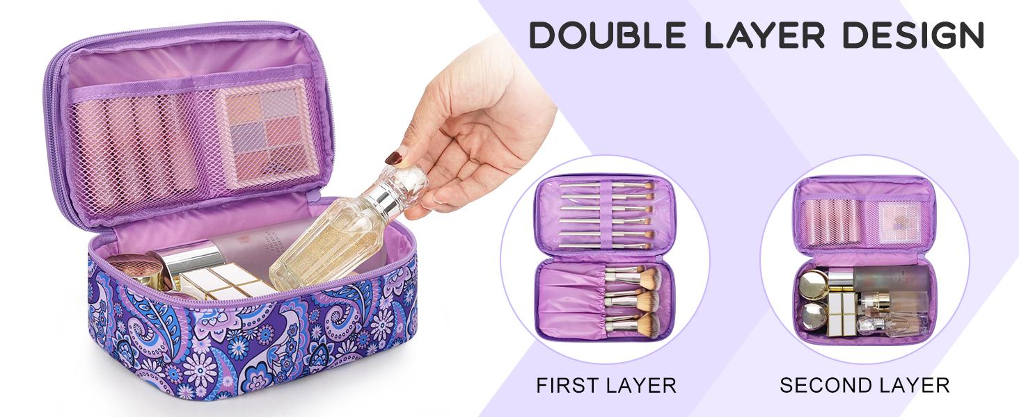 Travel Makeup Bag, Small Floral Cosmetic Bag with Makeup Brush Compartment, Portable Makeup Pouch for Women, Double Layer Cute Toiletry Organizer Bag, Purple Flower