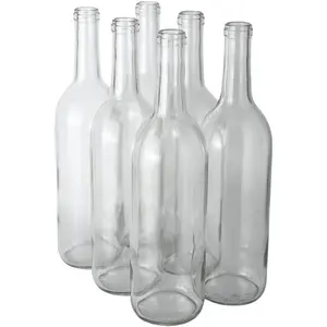 750 ml Clear Bordeaux Wine Bottles (Pack of 6) | Flint Flat-Bottomed Glass Bottles Ideal for Wine Making and Storage - NO CORKS INCLUDED