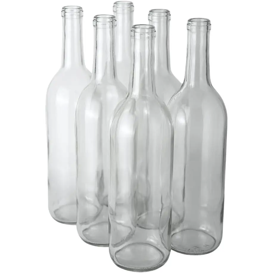 750 ml Clear Bordeaux Wine Bottles (Pack of 6) | Flint Flat-Bottomed Glass Bottles Ideal for Wine Making and Storage - NO CORKS INCLUDED