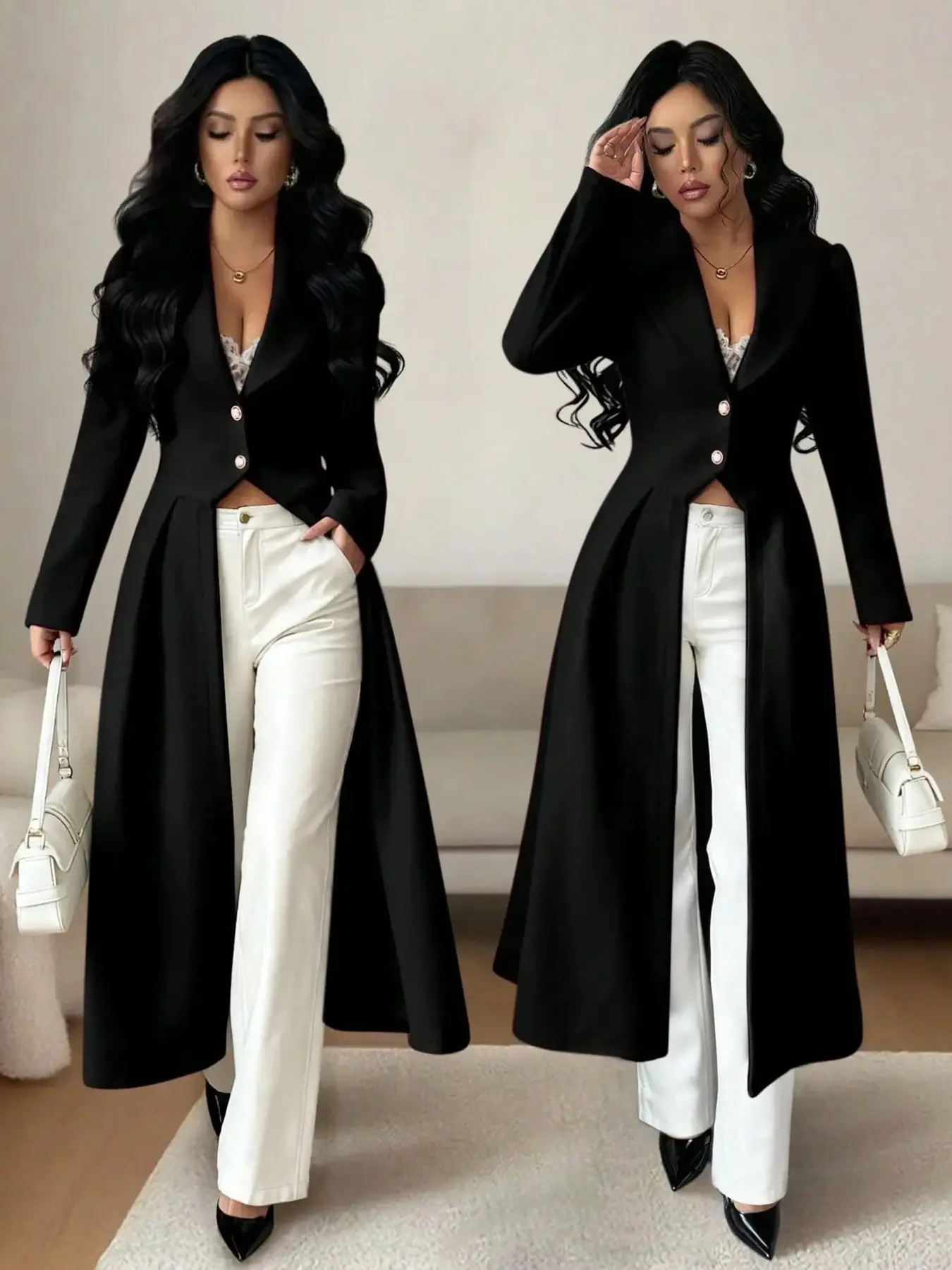 Elegant Vintage Waist-Cropped Split Front Long A-Line Coat, Women's Long Sleeve Jacket, Button Details, Fashionable for Spring/fall/winter, Fall Outerwear