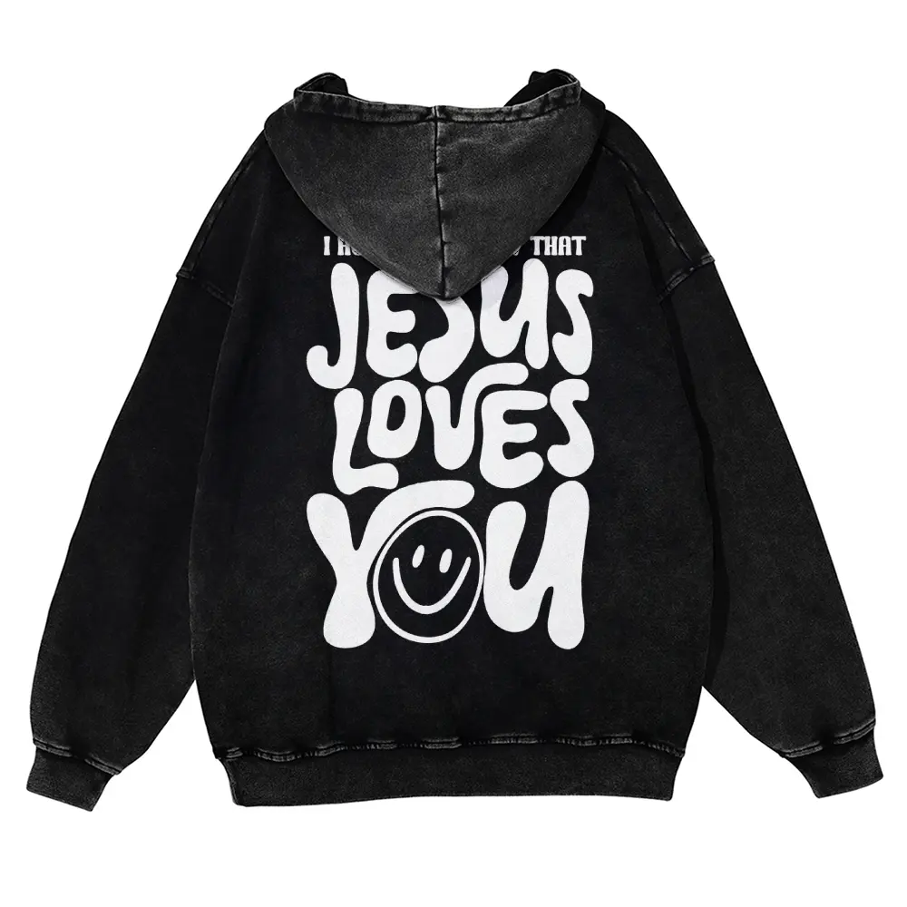 Jesus Loves You Vintage Washed Hoodie Groovy Smiley Face Christian Streetwear Heavyweight Oversized Aesthetic Graphic Pullover Sweatshirt Unisex