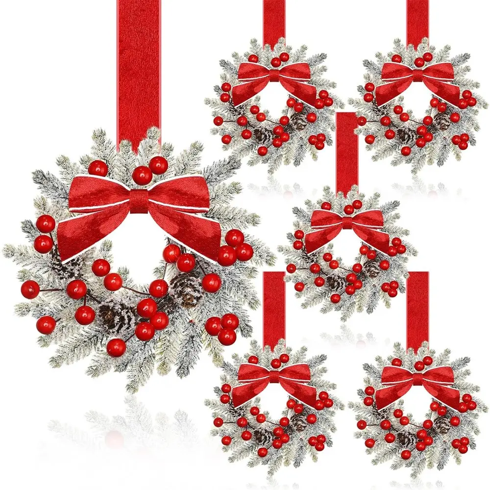 6 Pcs 6 Inch Christmas Mini Cabinet Wreaths for Kitchen with Ribbon | Red Bows Berry Frosted Pine, Small Winter Window Christmas Wreath Garland for Door Window Farmhouse Xmas Party Decorations