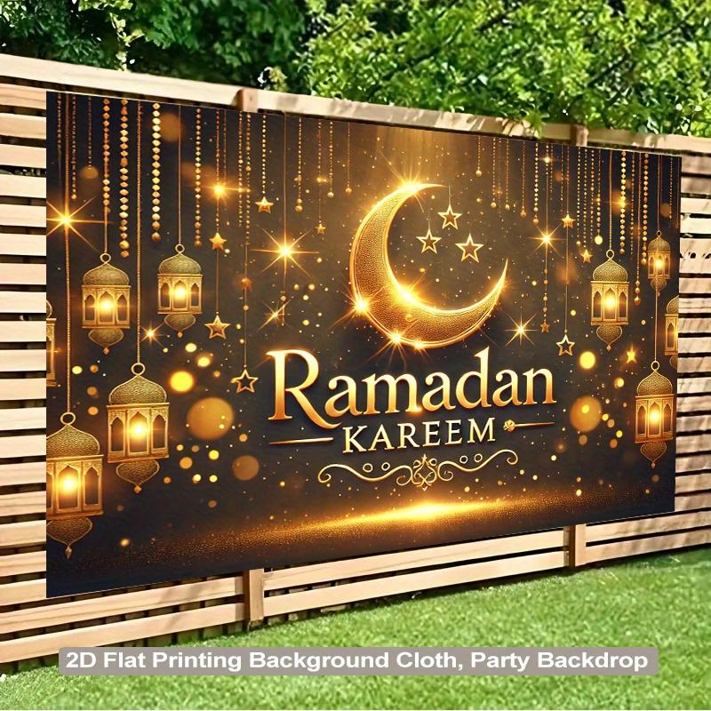 1PC,2D Flat Ramadan Kareem Party Backdrop, Golden Moon Star Lantern Pattern Background Cloth, Eid Festival Decoration Backdrop, Indoor Outdoor Event Scene Setting Banner, Islamic Ramadan Theme Party