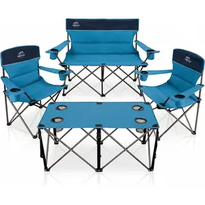 2026 New Arrival Multi Purpose Oversized 4 Pcs Camping Chair Set with Table,Outdoor Folding Heavy Duty Lawn Chair,Cup Holder,Portable,Loveseat Chair Perfect for Family Hiking,Picnics and Beach Trips,Light Blue