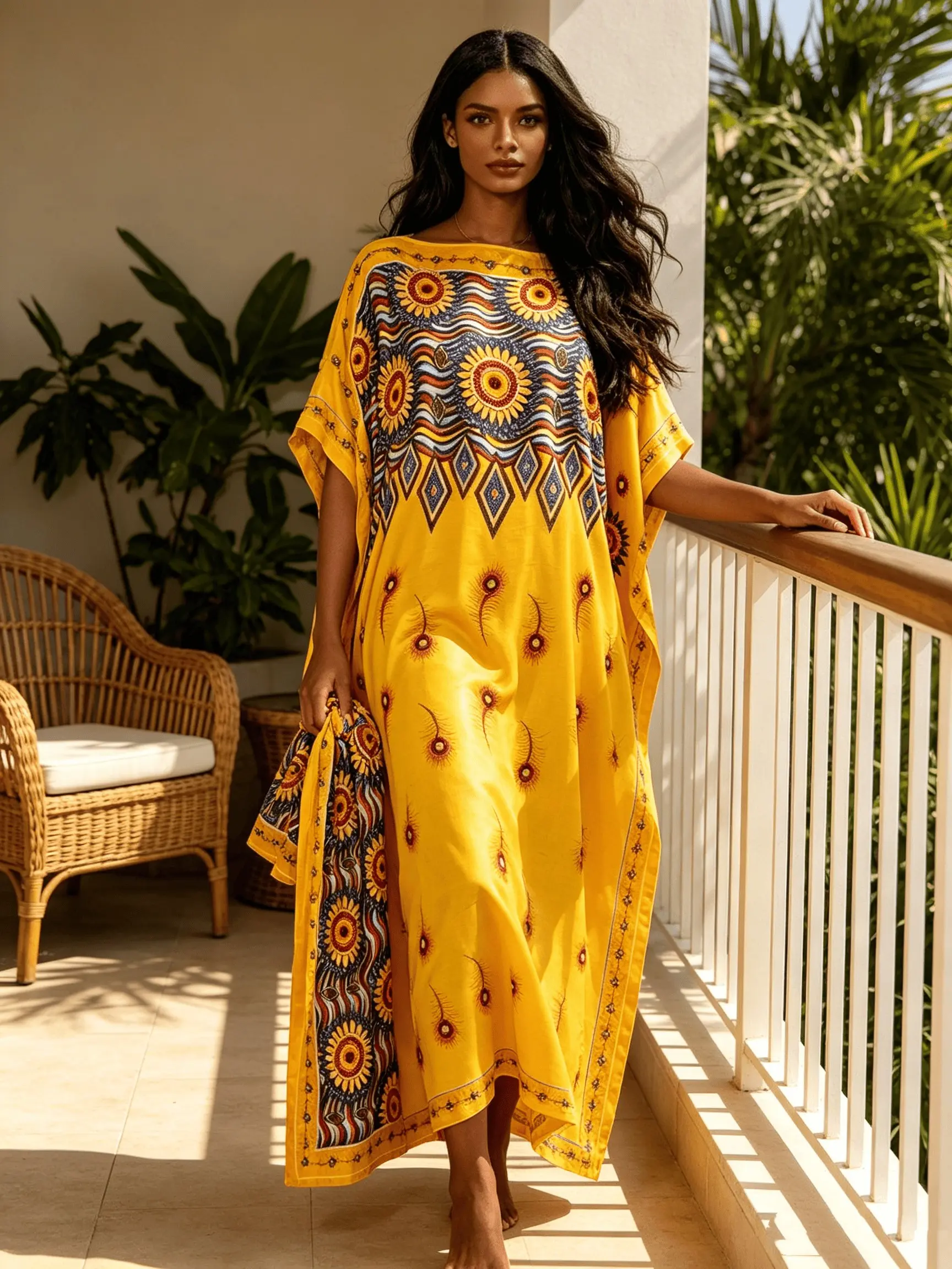 Women Oversized Sunny Yellow Tribal Sun Printed Caftan Maxi Dress Two Piece Outfit With Scarf, Loose Split Side Flowy Kaftan Robe, Plus Size Beach Cover Up, Casual Resort Wear, Bohemian Lounge Night Gown, Summer Pool Vacation Robe, Casual Boho Style