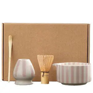 Japanese Matcha Set, Multi-Color Striped Tea Tools, Includes Chawan, Chashaku, Chakin, Whisk, Perfect for Matcha Lovers, Retro Style, Matcha Kit